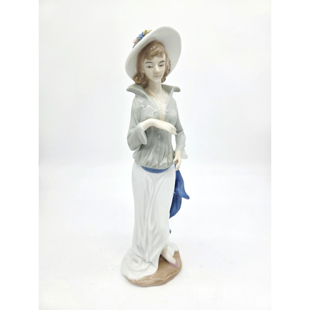 Porcelain Figurine Woman Hat Flowers Dress Blue White  14" Lady Soft Tones Vntg